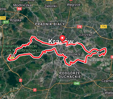 Mapa trasy z Nowej Huty do Lasu Wolskiego (ZOO) Mapa trasy rowerowej prowadzącej z dzielnicy Nowa Huta do Lasu Wolskiego i krakowskiego ogrodu zoologicznego.