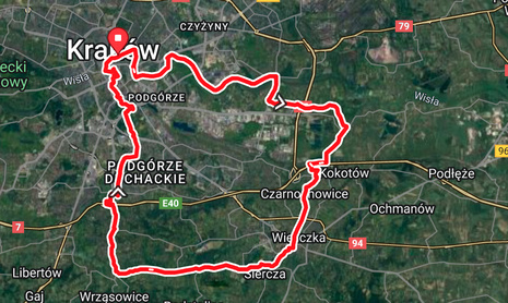 Mapa trasy kolarstwa szosowego prowadzącej przez malownicze wzgórza w okolicach Kopalni Soli w Wieliczce pod Krakowem.