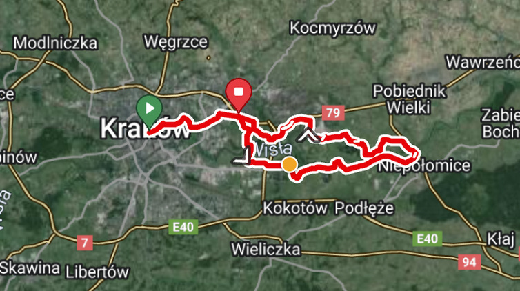Mapa trasy rowerowej GPS prowadzącej wokół zalewów i zbiorników wodnych w Nowej Hucie.