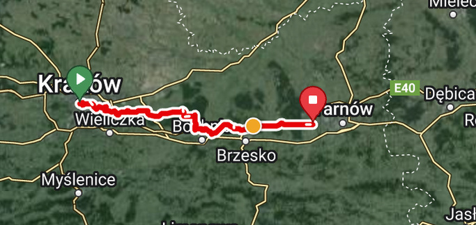 Mapa trasy szosowej do Tarnowa z opcją powrotu pociągiem