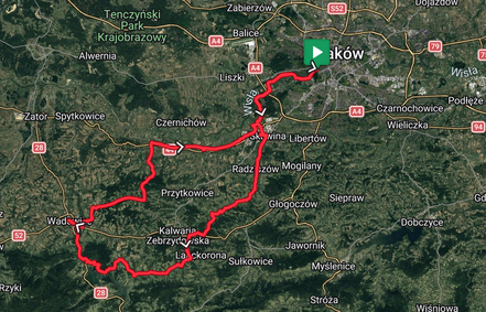 Mapa trasy szosowej „Century” (100 km+) z Krakowa do Wadowic