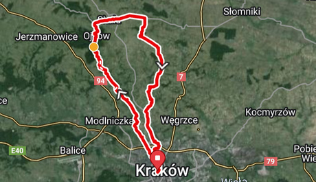 Mapa GPS trasy kolarstwa szosowego prowadzącej przez malownicze tereny Ojcowskiego Parku Narodowego pod Krakowem.