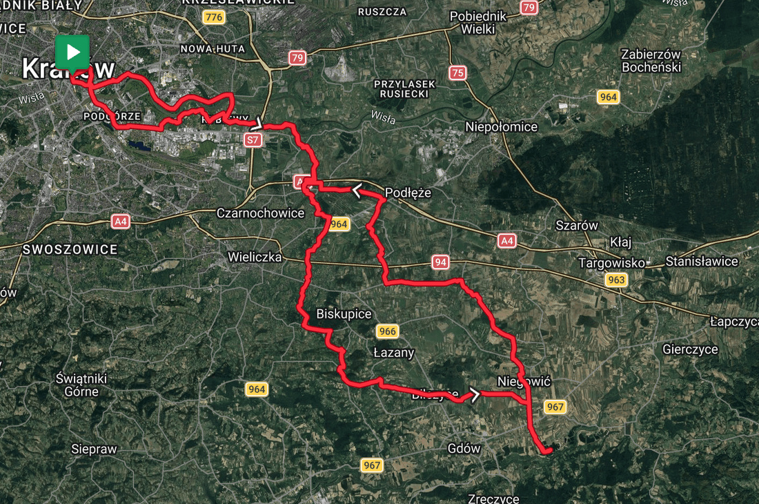 Mapa trasy rowerowej łączącej Kraków z kompleksem rekreacyjnym Kuter Port.