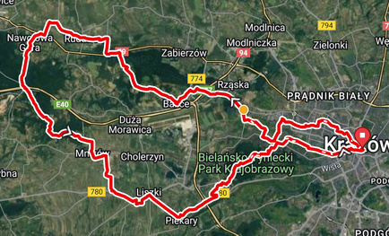 Mapa trasy kolarstwa szosowego prowadzącej przez malownicze tereny położone na zachód od Krakowa.