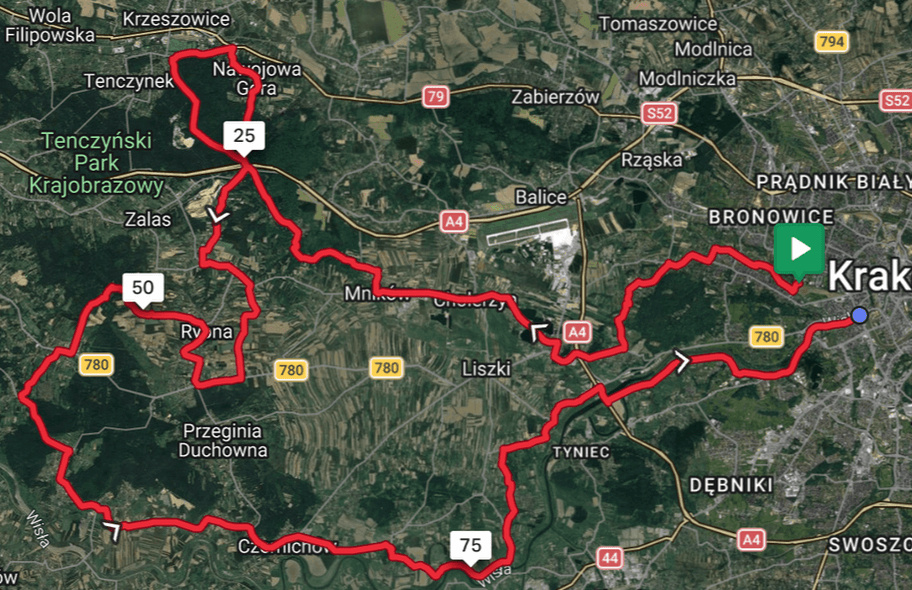 Puszcza Dulowska i Dolina Wisły Mapa GPS pętli przez Tenczyński Park Krajobrazowy i dolinę Wisły.