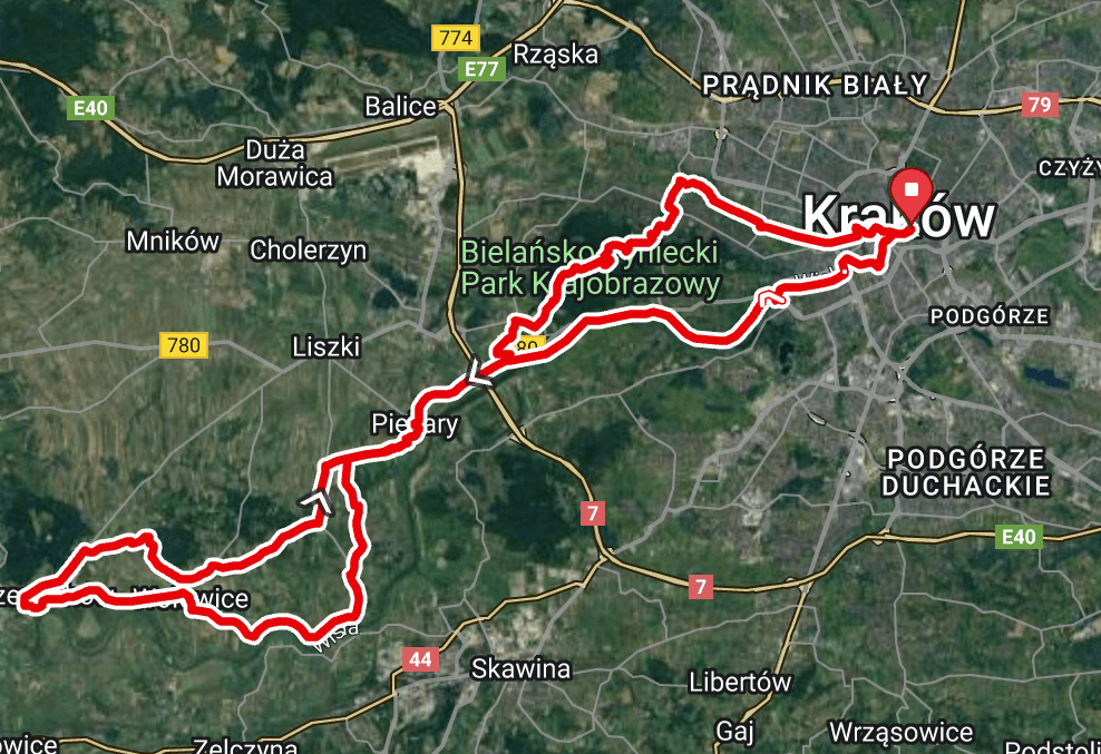 Mapa płaskiej trasy szosowej wzdłuż Wisły prowadzącej do Czernichowa.