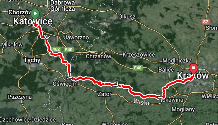 Z Katowic do Krakowa Mapa trasy szosowej z Katowic do Krakowa.